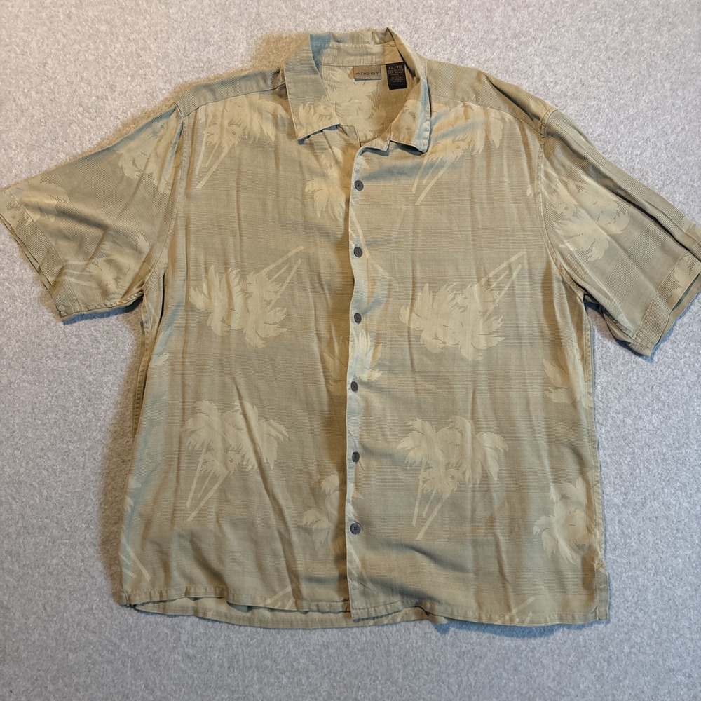 AXIST 100% Silk Short Sleeve Button Up Hawaiian Brown‎ Palm Tree Men's XL